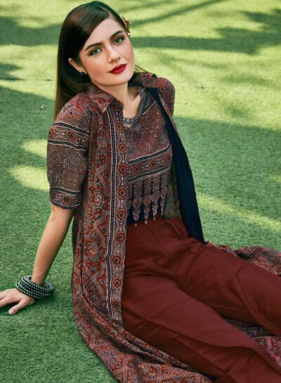 Cotton Silk Ajrakh Printed Crop Top With Cape With Antique Neck Embroidery & Poly Silk Pants