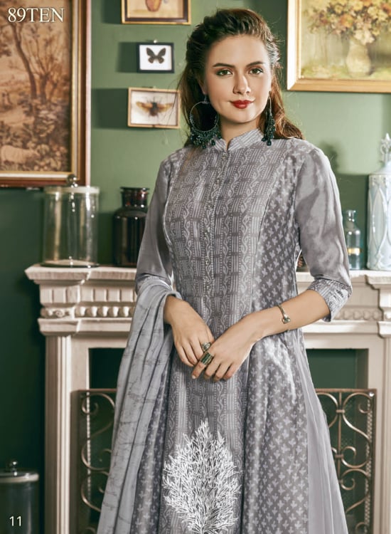 Grey Chanderi Batic Layered Drek With Skirt & Scarf