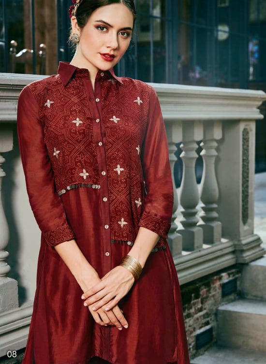 Maroon Ajrakh Printed Kurta With Embroidery